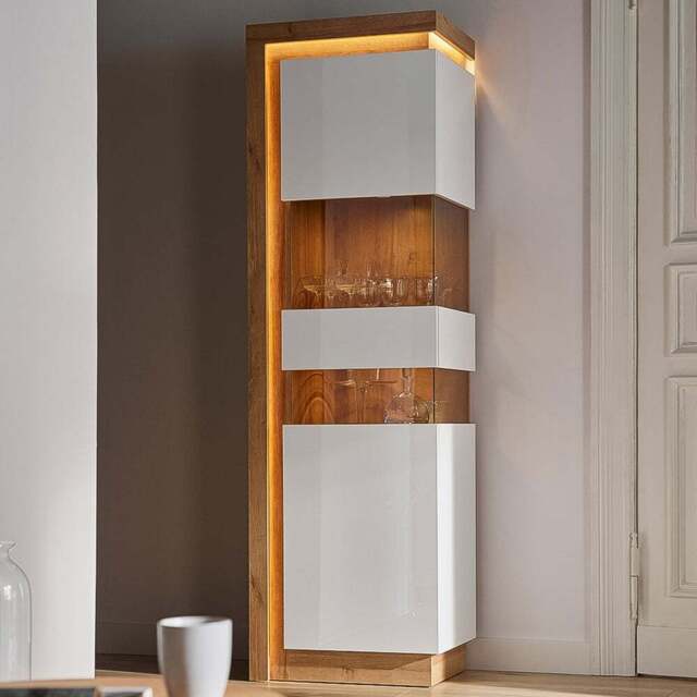 Florence Lyon Single Door Riviera Oak and White Display Cabinet with LED Lighting - Multi - Furniture to Go - Wilko - image 1