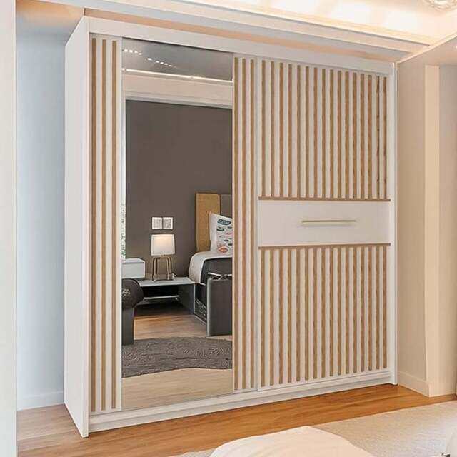 Sliding Wardrobes 4U 2 Sliding Door White Modern Oak Striped Mirrored Wardrobe 150cm - Size: 2 Door - Wilko - image 1