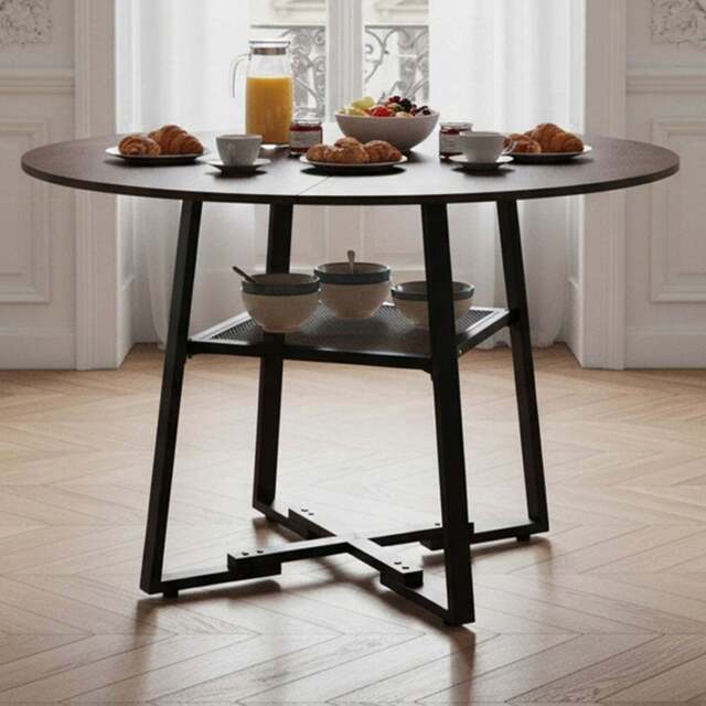 Living and Home 4 Seater Vintage Wood Effect Round Dining Table with Storage Shelf - Vintage + Black - Wilko - image 1