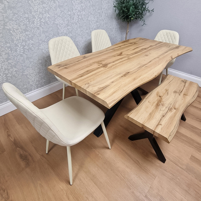 Portland 6 Seater Gem Pattern Wooden Tabletop Dining Bench Set Cream - Wilko - image 1