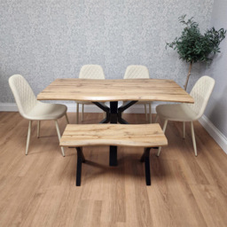 Portland 6 Seater Gem Pattern Wooden Tabletop Dining Bench Set Cream - Wilko - thumbnail 6