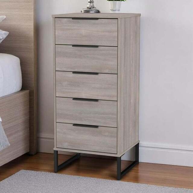 Crowndale Hong Kong 5 Drawer Grey Oak Tall Bedside Cabinet Ready Assembled - Wilko - image 1