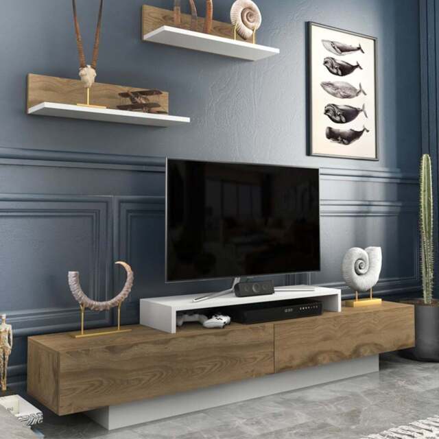 Decorotika Lusi 2 Door Single Shelf White and Oud TV Unit with 2 Wall Shelf - Size: 40 x 180 x 32cm - Multi - Wilko - image 1