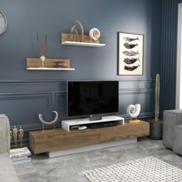 Decorotika Lusi 2 Door Single Shelf White and Oud TV Unit with 2 Wall Shelf - Size: 40 x 180 x 32cm - Multi - Wilko - thumbnail 4