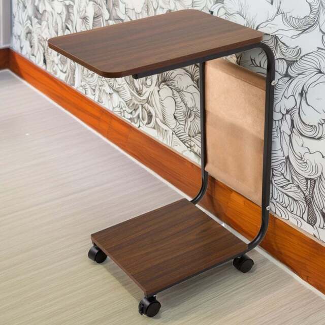 Living and Home Dark Walnut and Black C-Shape Side Table with Lockable Castors - Size: 61 x 40 x 30cm - Wilko - image 1