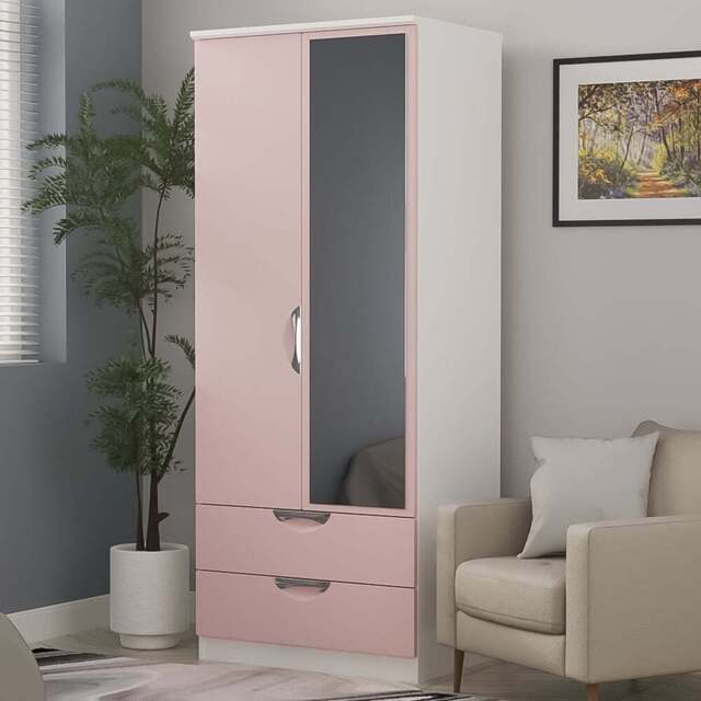 Crowndale Camden 2 Door 2 Drawer Kobe Pink and White Mirrored Wardrobe Ready Assembled - Kobe Pink & White - Wilko - image 1