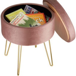 tectake Ava Rose Velvet Look Padded Round Stool with Storage - Size: 44.5 x 37.5 x 37.5cm - Pink - Wilko - thumbnail 6