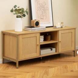 Costway 2 Door 2 Shelf Natural Boho Rattan TV Unit - Size: 132 x 52 x 15cm - Cream - Wilko - thumbnail 1