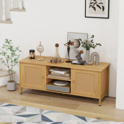 Costway 2 Door 2 Shelf Natural Boho Rattan TV Unit - Size: 132 x 52 x 15cm - Cream - Wilko - thumbnail 6