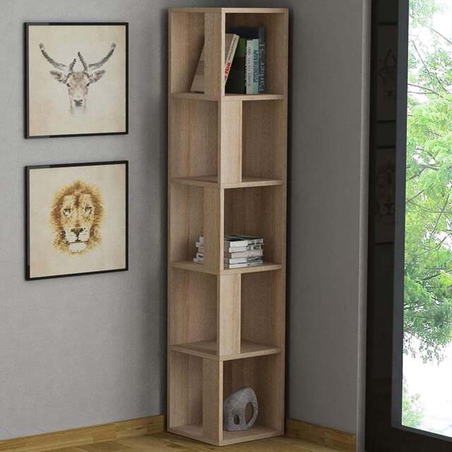 Decortie Piano 5 Shelf Natural Oak Effect Modern Corner Bookcase - Cream - Wilko - image 1