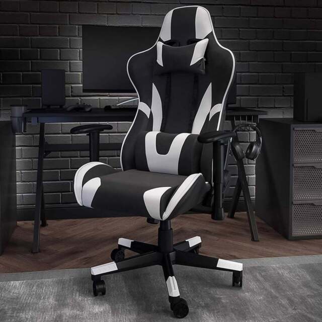 FWStyle X20 Black and White Faux Leather Racer Style Deluxe Gaming Chair - Size: 129.5 x 73.6 x 73.6cm - Wilko - image 1
