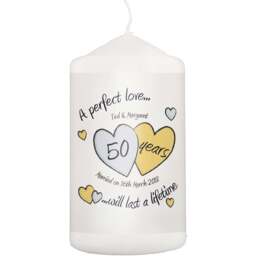 Personalised Memento Personalised A Perfect Love Golden Anniversary Pillar Candle - Size: 0.7 x 1.3 x 0.7cm - White - Wilko