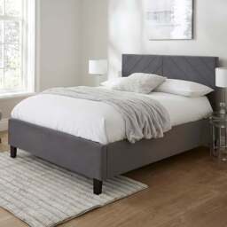 GFW Thea Double Grey Velvet End Lift Ottoman Bed with Chevron Headboard - Wilko