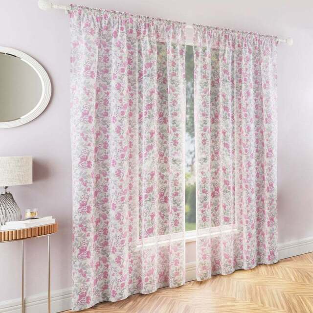 Tyrone Textiles Mia Pink Floral Print Sheer Rod Pocket Voile Panel Curtains 140 x 122cm - Size: W 140 x D 122cm - Wilko - image 1