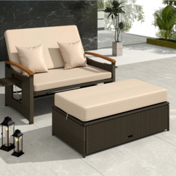 Costway 2 Seater Rattan Woven Daybed with Storage Ottoman - Cream - Wilko - thumbnail 4