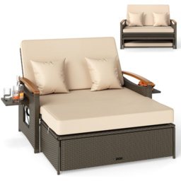 Costway 2 Seater Rattan Woven Daybed with Storage Ottoman - Cream - Wilko - thumbnail 3