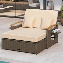 Costway 2 Seater Rattan Woven Daybed with Storage Ottoman - Cream - Wilko
