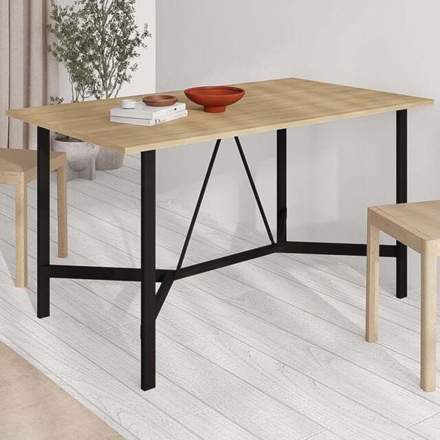 Decortie Dalma 6 Seater Dining Table with Metal Legs Saphire Oak and Black - Size: 75.5 x 140 x 80cm - Cream - Wilko - image 1