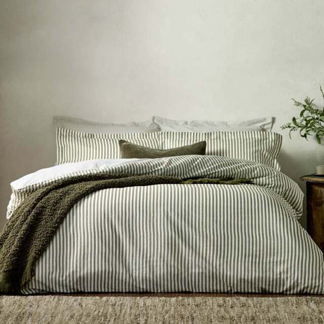 Yard Hebden King Size Melange Stripe Cotton Olive Duvet Set - Green - Wilko