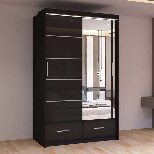 Sliding Wardrobes 4U Sycylia 2 Door 2 Drawer Black High Gloss Mirrored Wardrobe 150cm - Size: 2 Door, 2 Drawer - Wilko - image 1