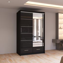 Sliding Wardrobes 4U Sycylia 2 Door 2 Drawer Black High Gloss Mirrored Wardrobe 150cm - Size: 2 Door, 2 Drawer - Wilko - thumbnail 4