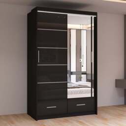Sliding Wardrobes 4U Sycylia 2 Door 2 Drawer Black High Gloss Mirrored Wardrobe 150cm - Size: 2 Door, 2 Drawer - Wilko - thumbnail 1
