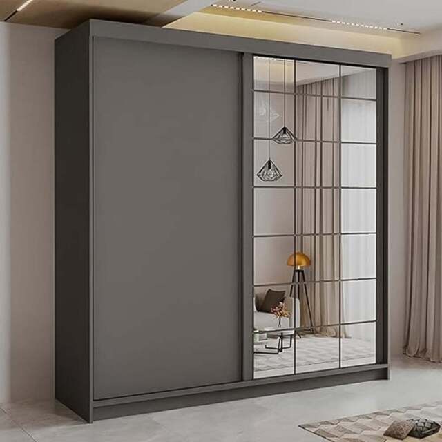Sliding Wardrobes 4U 2 Sliding Door Grey Modern Grid Mirrored Wardrobe 200cm - Size: 2 Door - Wilko - image 1