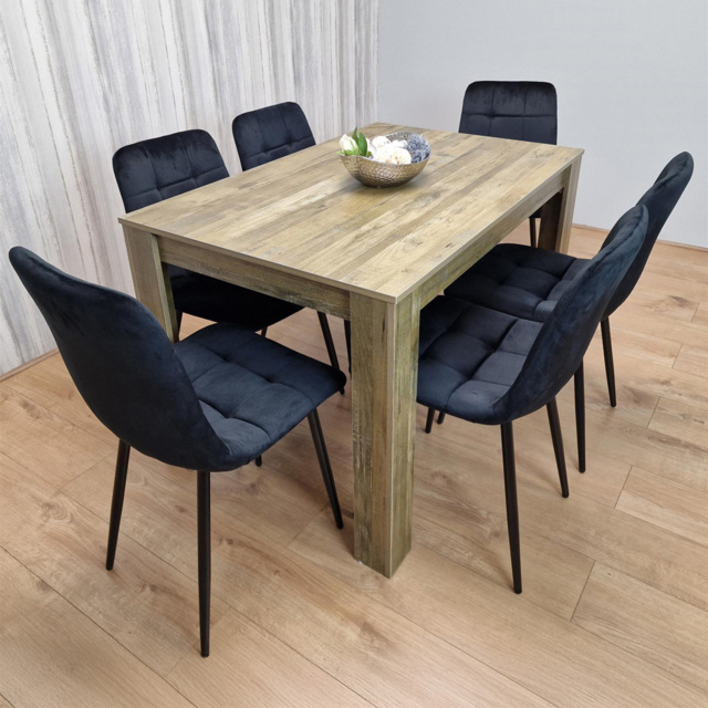 Portland 6 Seater Dining Set Rustic Effect and Black Velvet - Multi - Wilko - image 1