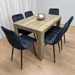 Portland 6 Seater Dining Set Rustic Effect and Black Velvet - Multi - Wilko
