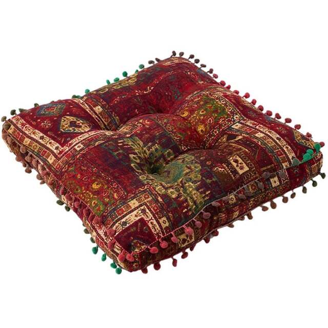 Living and Home Red Bohemia Style Square Seat Cushion with Pom Pom Trim 40 x 40cm - Size: 8 x 40 x 40cm - Wilko - image 1