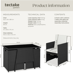 tectake Lausanne 2 Seater Rattan Garden Bistro Set Black - Wilko - thumbnail 7
