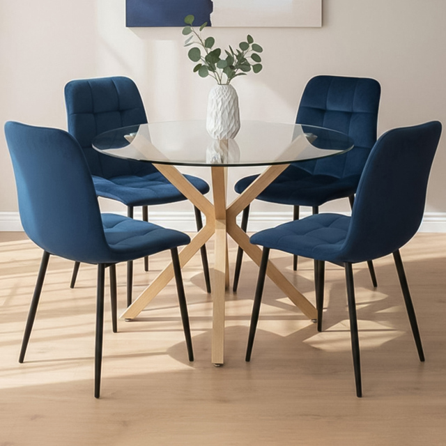 Portland 4 Seater Velvet Tufted Glass Tabletop Round Dining Set Blue - Wilko - image 1