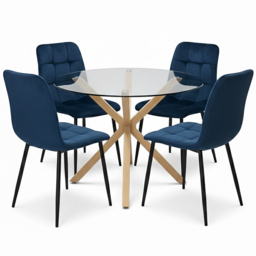 Portland 4 Seater Velvet Tufted Glass Tabletop Round Dining Set Blue - Wilko - thumbnail 3