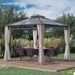 Outsunny 3 x 3m 2-Tier Khaki Hardtop Gazebo with Curtains - Size: 34.5 x 110 x 320cm - Multi - Wilko