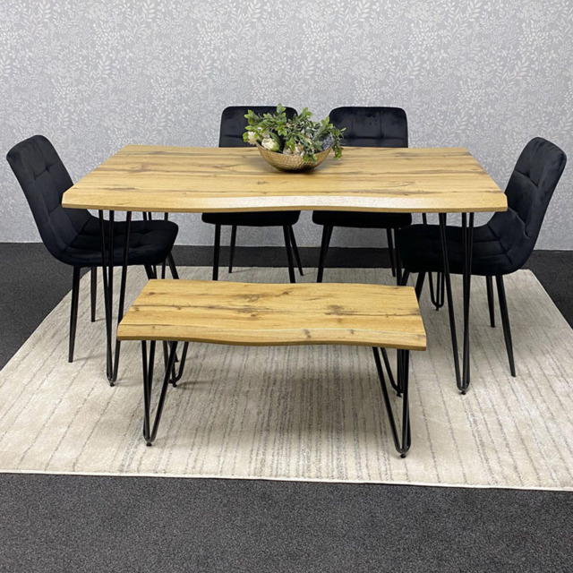 Kosy Koala 6 Seater Velvet Wooden Dining Set with Bench Black - Multi - Wilko - image 1