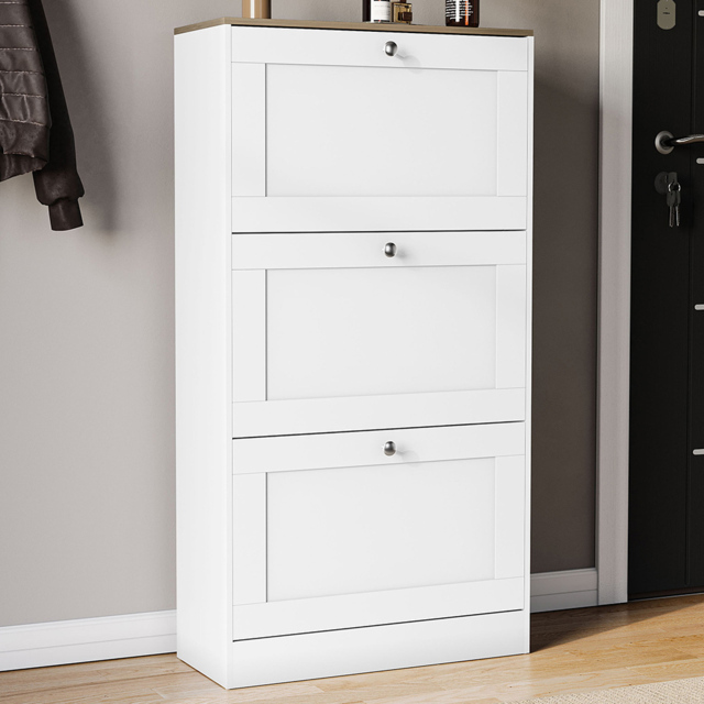 Vida Designs 3 Drawer White and Oak Effect Shoe Cabinet - Size: 117 x 58 x 23.5cm - White & Oak - Wilko - image 1