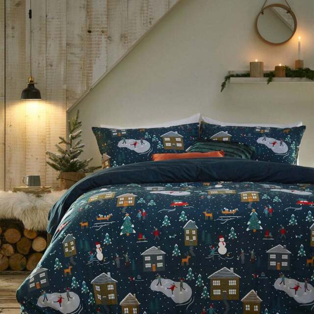 furn. Winter Pines Single Navy Pyjama Fleece Duvet Cover Set - Blue - Wilko - image 1