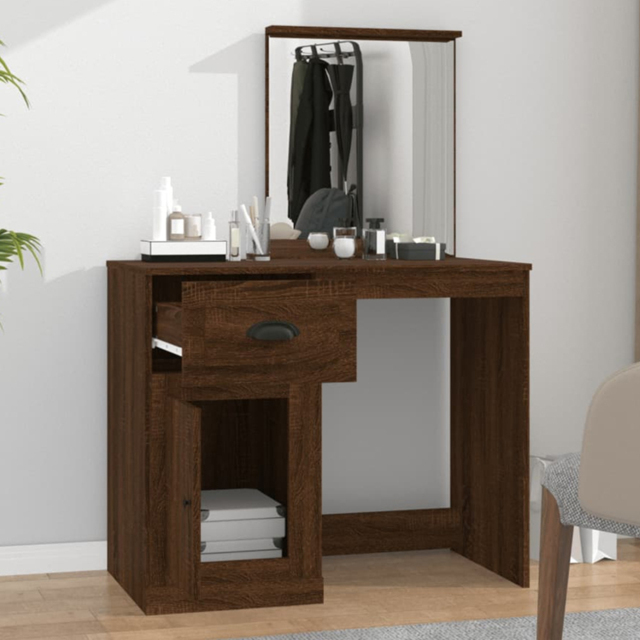 vidaXL Single Door Single Drawer Brown Oak Dressing Table with Mirror - Size: 132.5 x 90 x 50cm - Wilko - image 1