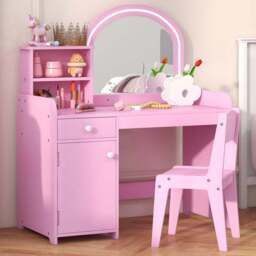 Costway Kids Pink Vanity Table and Chair Set with Storage - Size: 90 x 54 x 16cm - Wilko
