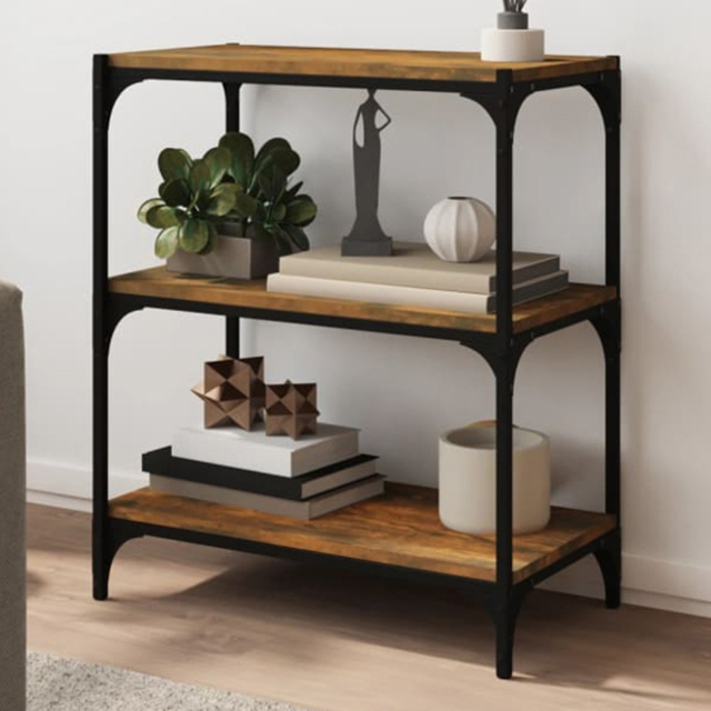 vidaXL 3 Shelf Smoked Oak Processed Wood and Steel Bookcase - Size: 70.5 x 60 x 33cm - Brown - Wilko - image 1