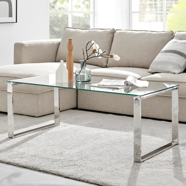 Furniturebox Havana Clear Glass and Chrome Coffee Table - Size: 120 x 60 x 46cm - Silver - Wilko - image 1