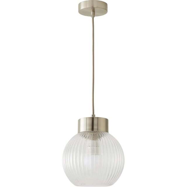 ValueLights Maddison Ribbed Glass Shade Brushed Chrome Capped LED Ceiling Pendant Light - Size: 129 x 20 x 20cm - Silver - Wilko