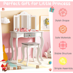 Costway White Kids Vanity Table and Stool with Detachable Tri Fold Mirror - Size: 60 x 33 x 99cm - Wilko - thumbnail 6