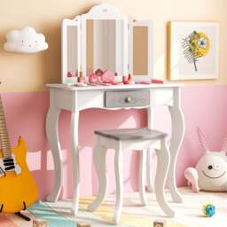Costway White Kids Vanity Table and Stool with Detachable Tri Fold Mirror - Size: 60 x 33 x 99cm - Wilko - thumbnail 1