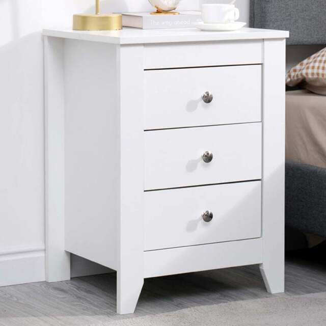 FurnitureHMD 3 Drawer White Wooden Bedside Table Set of 2 - Wilko - image 1