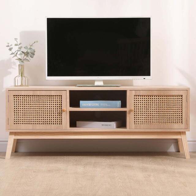 FurnitureHMD 2 Door 2 Shelf Rattan Weaving TV Unit with Pine Wood Legs - Size: 46.5 x 120 x 34cm - Natural - Wilko - image 1