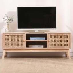 FurnitureHMD 2 Door 2 Shelf Rattan Weaving TV Unit with Pine Wood Legs - Size: 46.5 x 120 x 34cm - Natural - Wilko