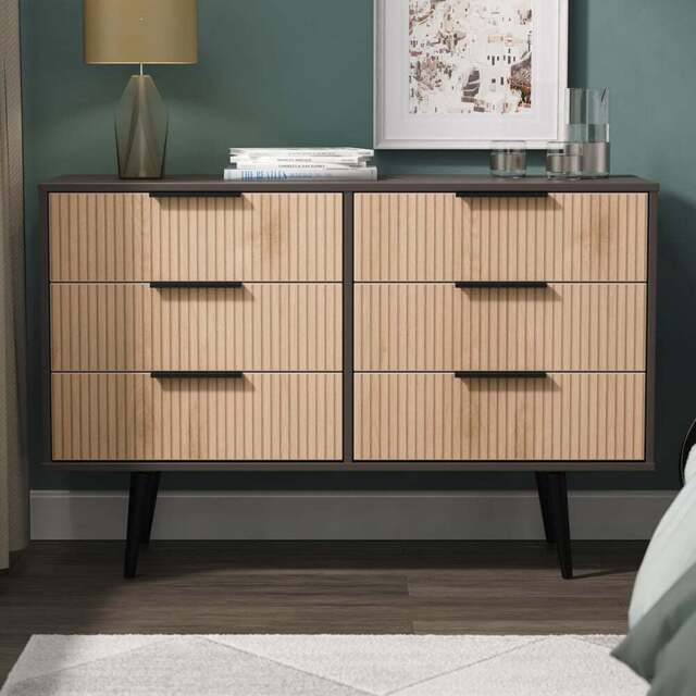 Crowndale Hong Kong 6 Drawer Slatt Effect and Graphite Wide Chest of Drawers Ready Assembled - Slatt Effect & Graphite - Wilko - image 1