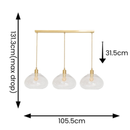 ValueLights Corinne Twill Glass 3 Drop Brushed Gold Diner LED Ceiling Pendant Light - Size: 131.3 x 105.5 x 31.5cm - Black - Wilko - thumbnail 6