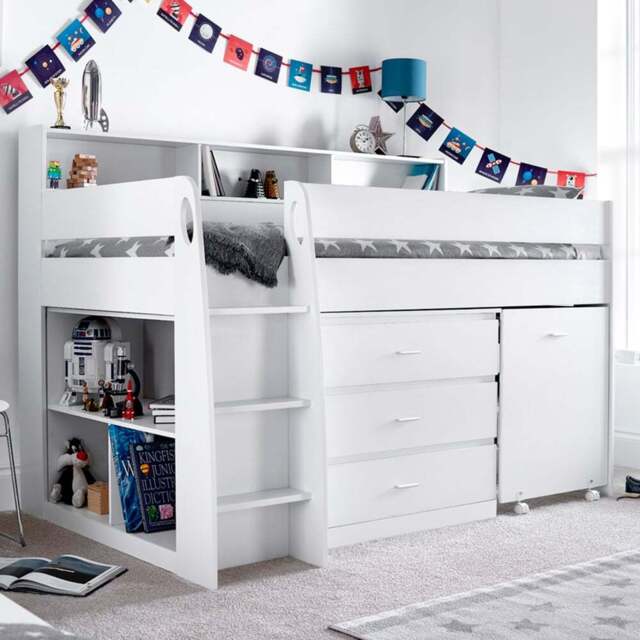 Ersa Mid Sleeper White Desk and Storage Bed with Pocket Mattress - Size: Single - Bedmaster - Wilko - image 1